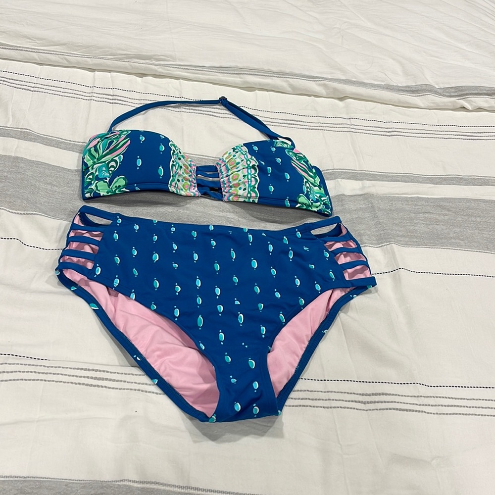 Size 10/12 two piece bandeau bikini top and high wastes bottom. Lilly Pulitzer